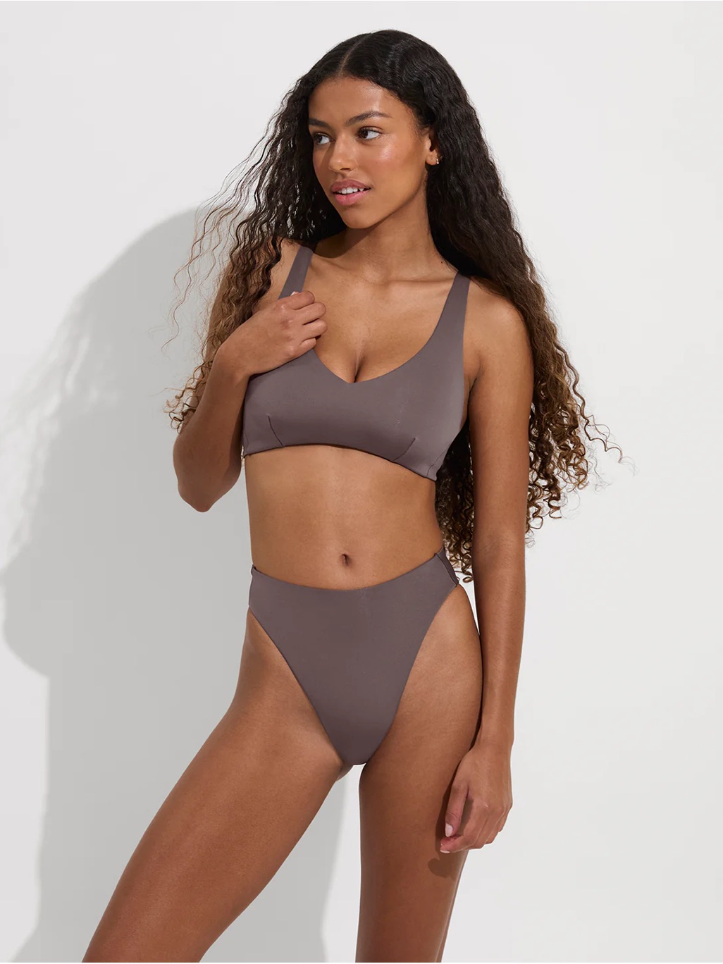 Left On Friday Women's Taupe Stormy High-Cut Bikini Bottom Throwback Medium